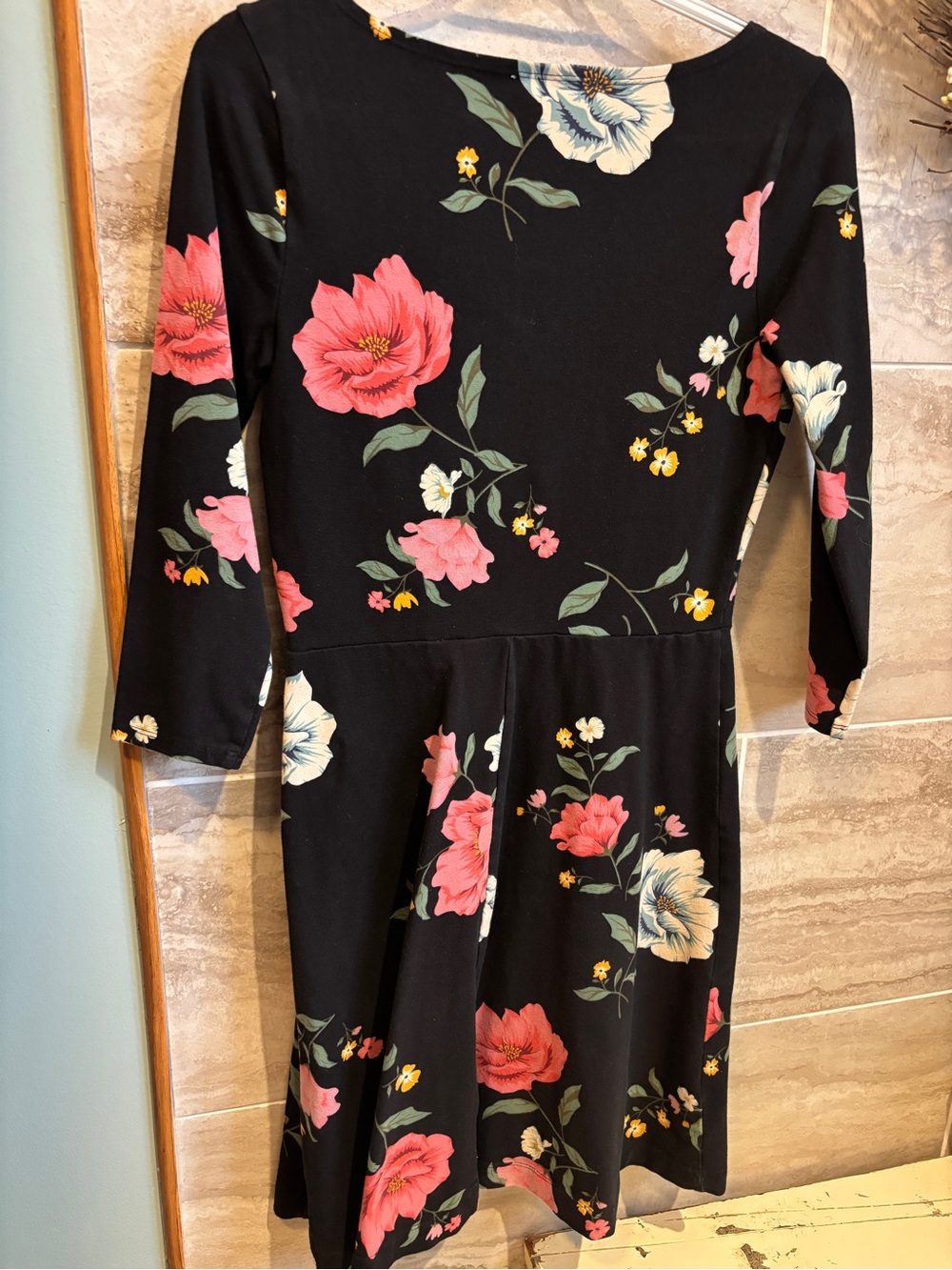 Old Navy Black Floral Fit & Flare Dress with Pink and Cream Blooms stretchy